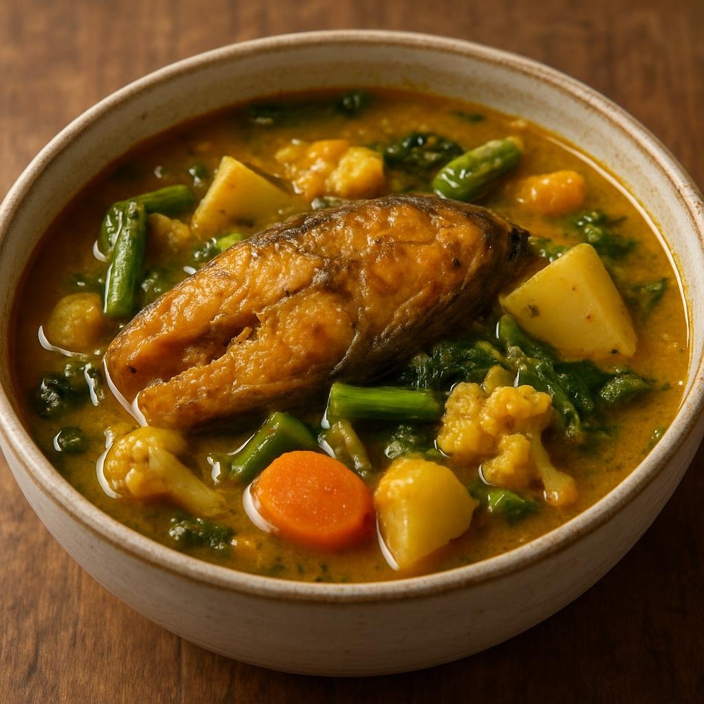 Entree: India – Manipur – চামথোং ➤ Chamthong (Manipuri mixed vegetable and fish stew in a lightly spiced, tangy broth often flavored with fermented fish) recipe