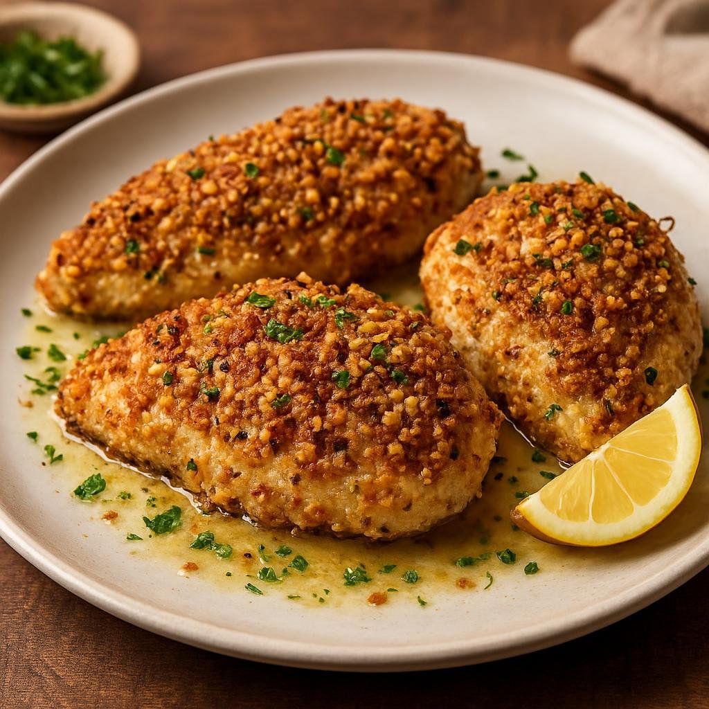 Entree: United States – Pacific Northwest – Oregon Hazelnut-Crusted Chicken (Pan-roasted chicken breasts coated in a crunchy Oregon hazelnut and panko crust with lemon-herb butter) recipe