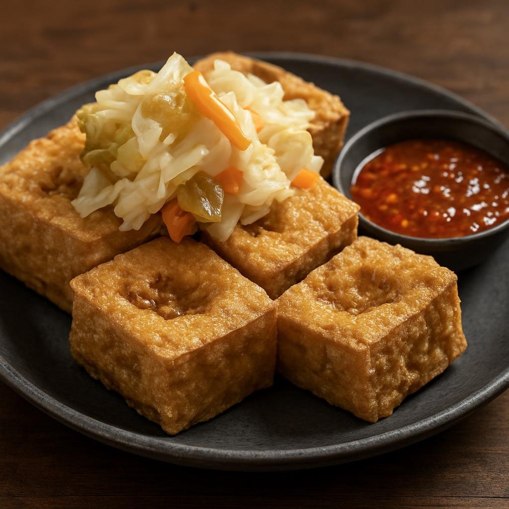 Entree: China – Taiwanese Chinese – 臭豆腐 ➤ Chòu dòufu (Pungent fermented tofu deep-fried and served with pickled vegetables and chili sauce) recipe