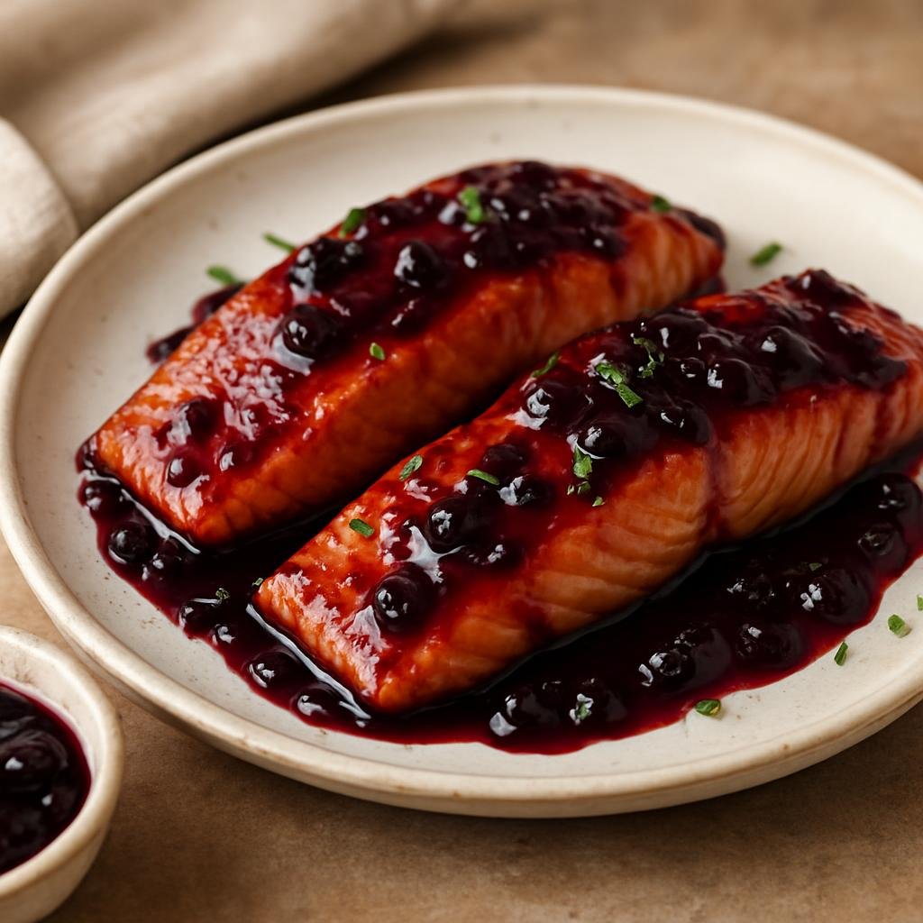 Entree: United States – Rocky Mountain West – Huckleberry Glazed Salmon (Salmon fillets glazed with a tart-sweet huckleberry reduction) recipe