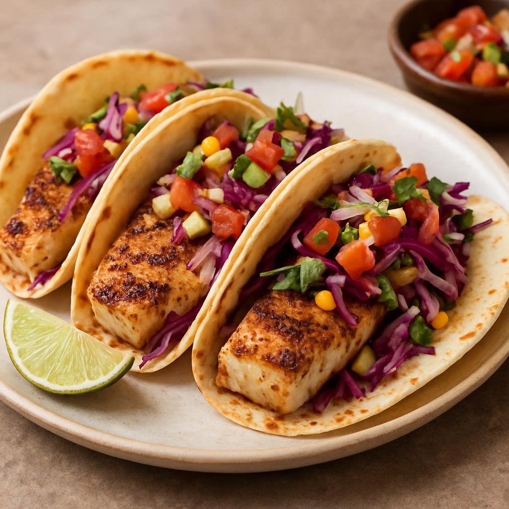Entree: United States – Southwest – Grilled Fish Tacos (Grilled seasoned fish served in warm tortillas with Southwest-style salsa and cabbage slaw) recipe