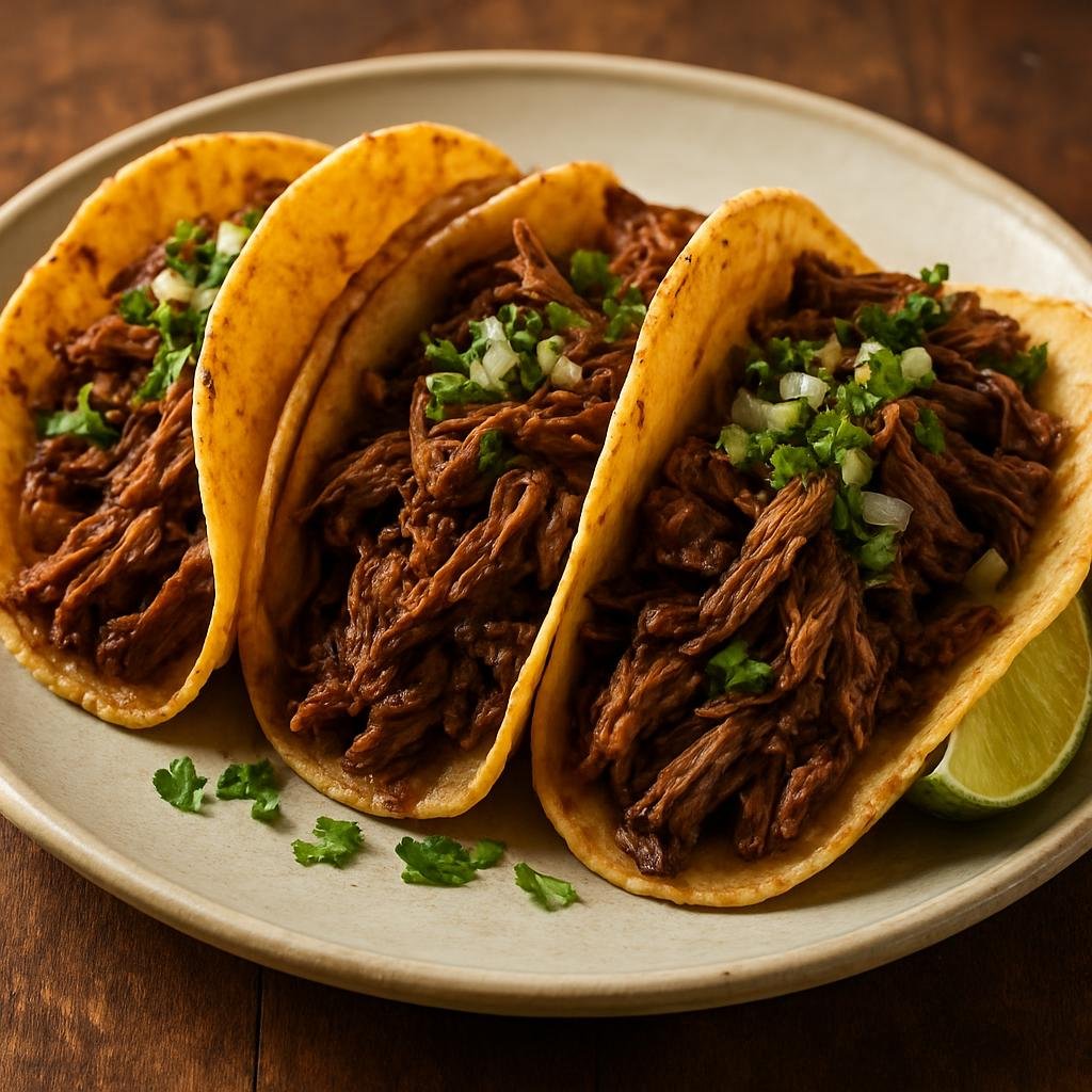 Entree: United States – Southwest – Barbacoa Tacos (Slow-braised shredded beef seasoned with chiles and citrus, served in warm corn tortillas) recipe