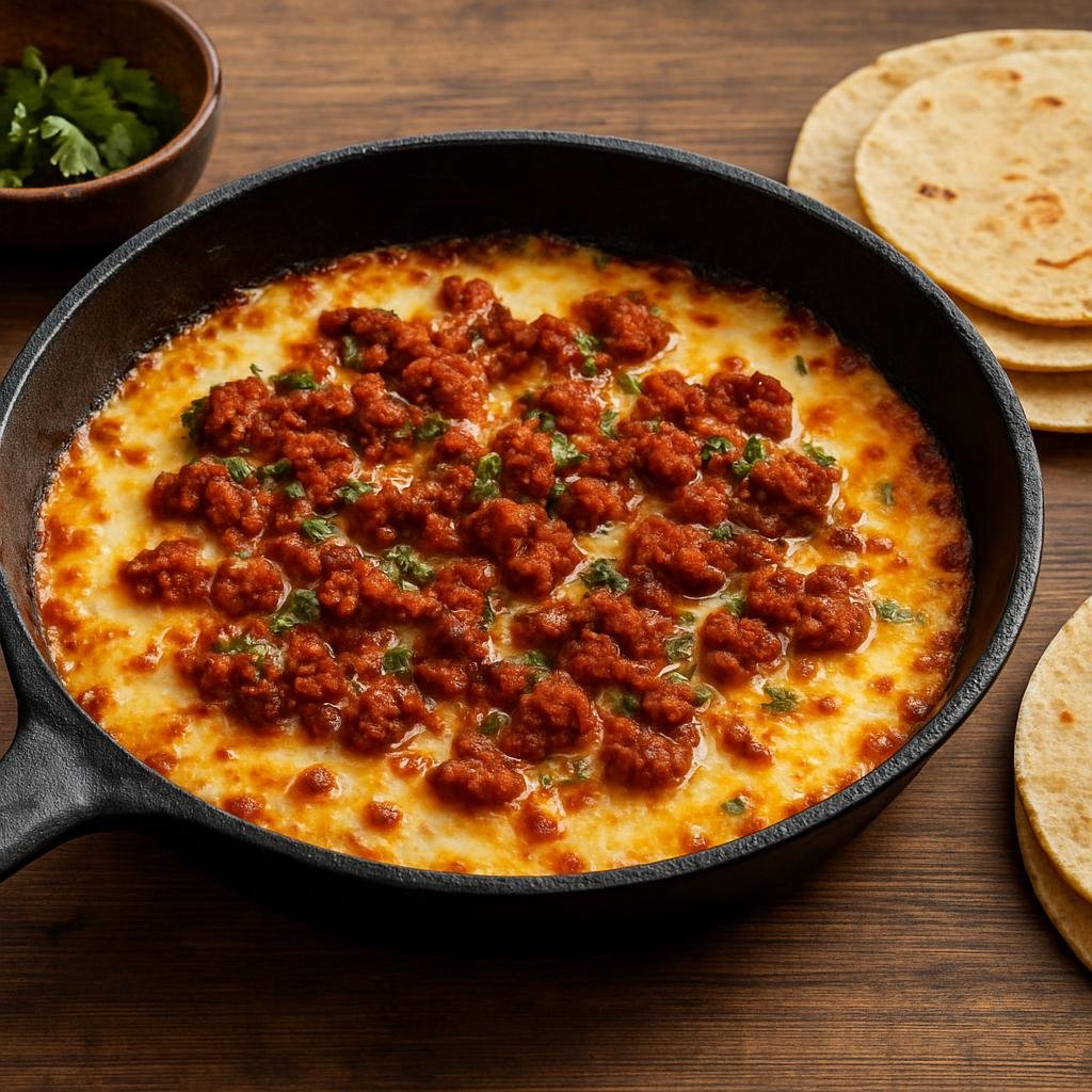 Entree: United States – Southwest – Queso Fundido with Chorizo (Melted cheese skillet with spicy chorizo served for scooping with tortillas) recipe
