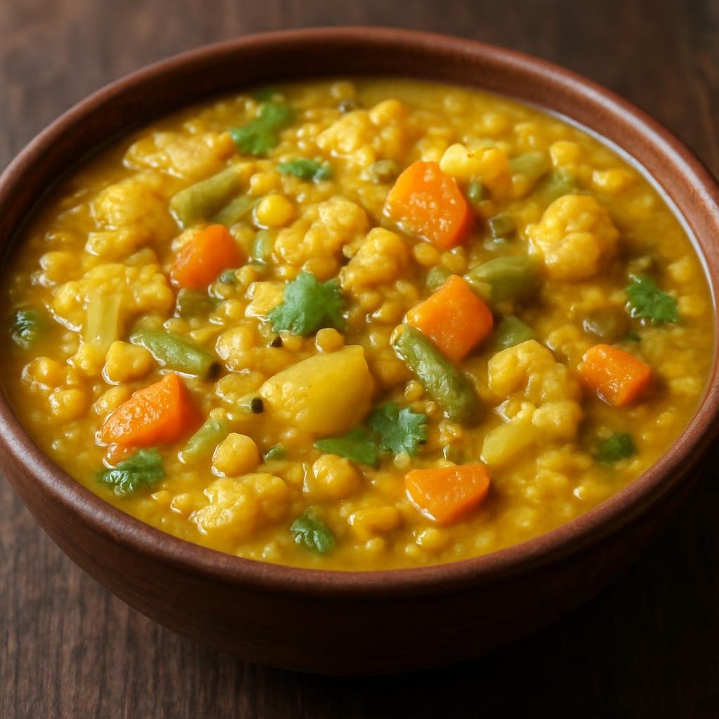 Entree: India – Odisha – ଦାଲମା ➤ Dālmā (A hearty Odia stew of lentils cooked with a variety of vegetables and mild spices) recipe