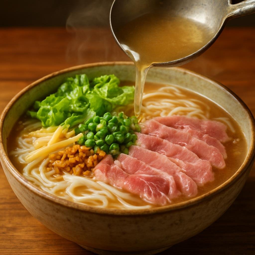 Entree: China – Yunnan – 过桥米线 ➤ Guò qiáo mǐxiàn (Yunnan-style rice noodle soup where very hot bone broth is poured over raw sliced meats, noodles, and fresh toppings to cook them at the table) recipe