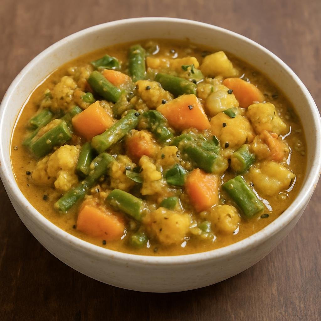 Entree: India – Odisha – ସନ୍ତୁଳା ➤ Santulā (Light mixed vegetable stew from Odisha simmered with mild spices) recipe