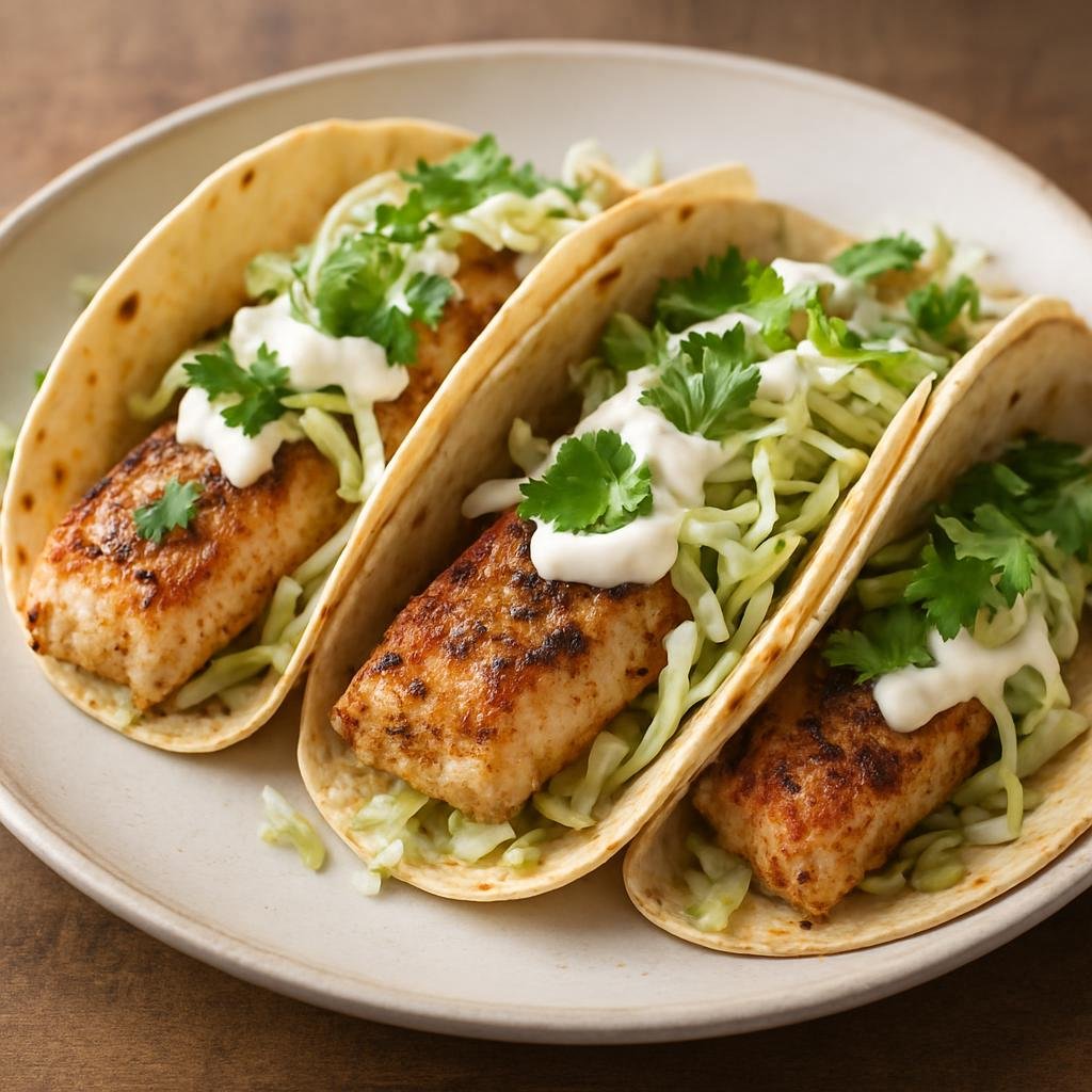Entree: United States – Tex-Mex Borderlands – Grilled Fish Tacos (Grilled seasoned white fish served in warm tortillas with crisp cabbage and tangy crema) recipe