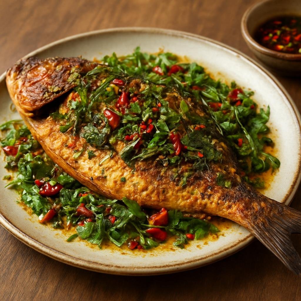 Entree: China – Yunnan – 傣味烤鱼 ➤ Dai wei kao yu (Whole fish grilled with Dai ethnic aromatics of herbs, chiles, and turmeric) recipe