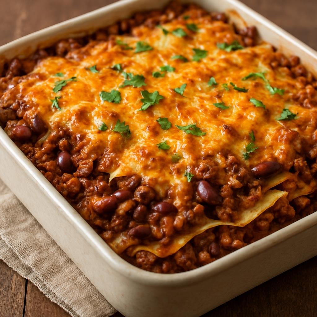 Entree: United States – Tex-Mex Borderlands – Tex-Mex Casserole (Layered baked casserole combining Texan and Mexican flavors with seasoned meat, beans, tortillas, and melted cheese) recipe