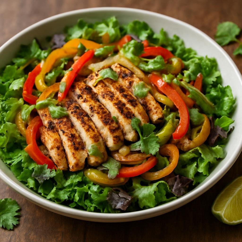 Entree: United States – Tex-Mex Borderlands – Chicken Fajita Salad (Grilled marinated chicken with sautéed bell peppers and onions served over greens with a lime-cilantro dressing) recipe