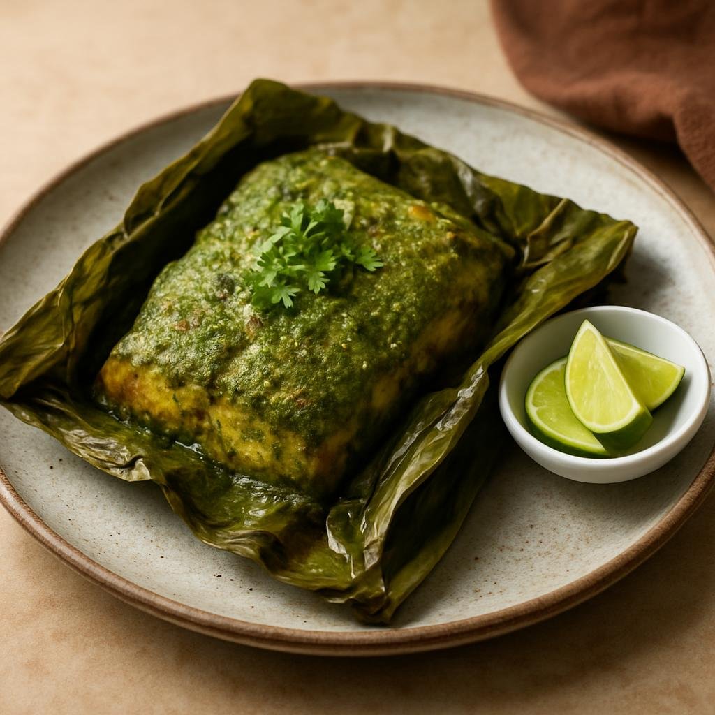 Entree: India – Parsi-Indian – Patra Ni Machhi (Steamed fish coated in a spiced cilantro-coconut paste and wrapped in banana leaf) recipe