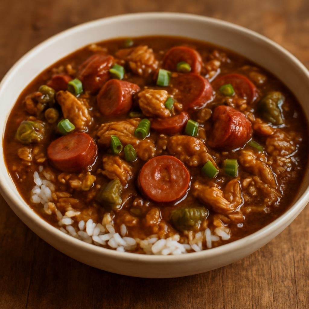 Entree: United States – Texas – Chicken and Sausage Gumbo (Hearty stew of chicken and smoked sausage thickened with a dark roux and served over rice) recipe