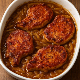 Entree: United States – Southern United States – Baked Deviled Pork Chops with Onion Gravy recipe