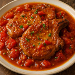 Entree: United States – Southern United States – Braised Deviled Pork Chops with Tomatoes and Mustard recipe