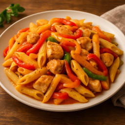 Entree: Italy – Penne ai Tre Peperoni e Pollo (Three-Pepper Penne with Chicken) recipe