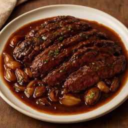 Entree: France – Onglet à l'échalote (Hanger steak with shallot and red wine pan sauce) recipe