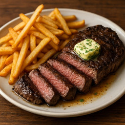 Entree: France – Steak Frites with Herb Butter (Hanger Steak) (Hanger steak served with French-style fries and herb butter) recipe