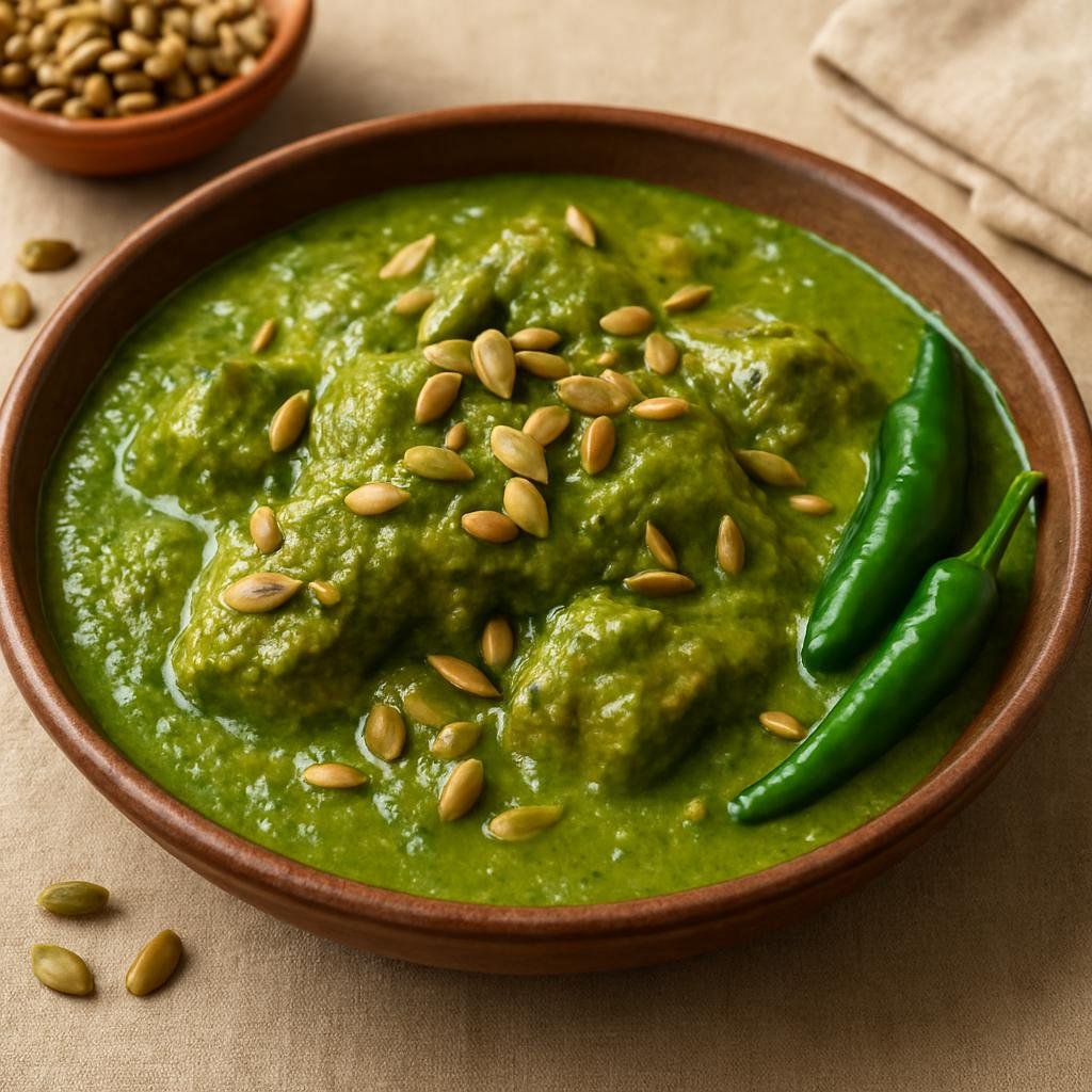 Entree: Mexico – Puebla – Pipian Verde (Green Pumpkin-Seed Sauce) recipe