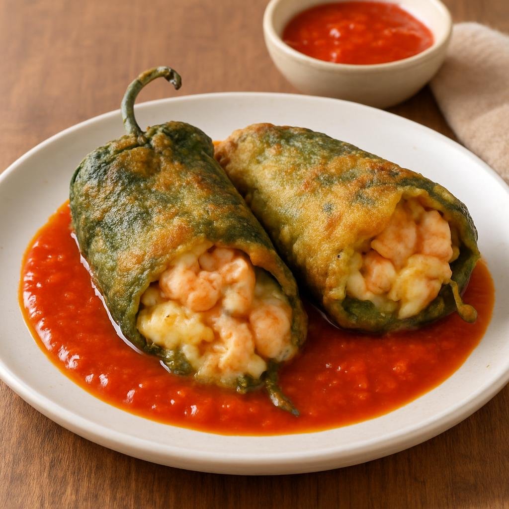 Entree: Mexico – Sonora (Northern Mexico) – Chiles Rellenos de Camaron (Shrimp-Stuffed Chiles) recipe