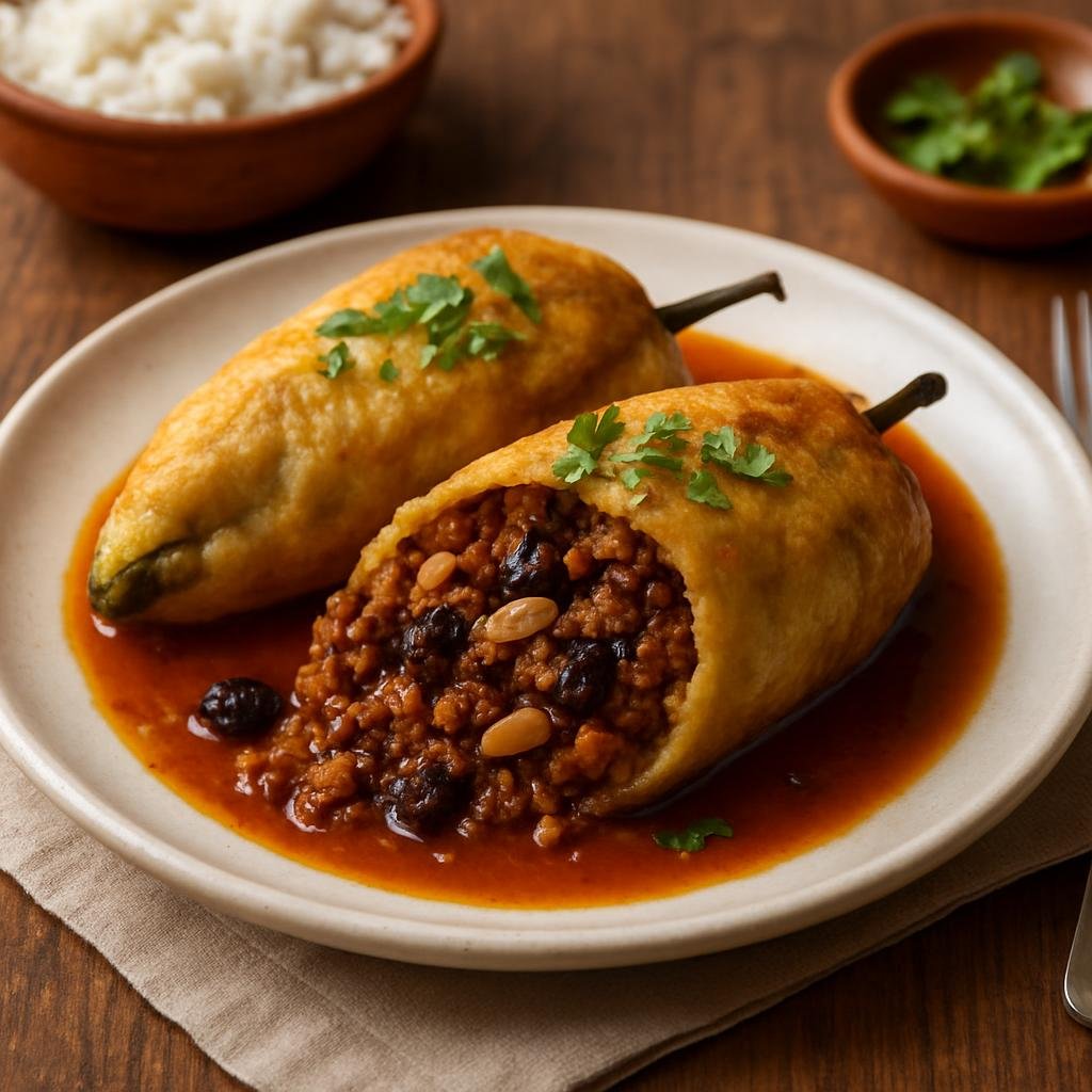 Entree: Mexico – Bajio, Guanajuato – Chiles Rellenos de Picadillo (Stuffed Peppers with Picadillo) recipe