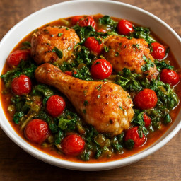 Entree: Italy – Chicken Cacciatore with Escarole and Cherry Tomatoes (Hunter-style braised chicken with escarole and cherry tomatoes) recipe