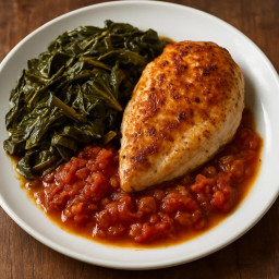 Entree: United States – Southern United States – Pan-Seared Chicken with Braised Collard Greens and Stewed Tomatoes (Pan-seared chicken breasts served with slow-braised collard greens and stewed tomatoes) recipe