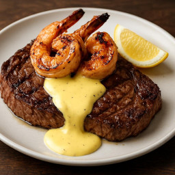 Entree: United States – Gulf Coast – Grilled Ribeye with Charred Shrimp and Lemon-Hollandaise recipe