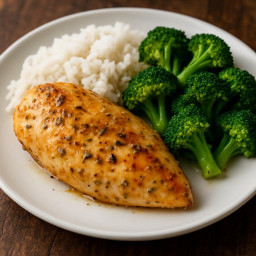 Entree: United States – Oven-Baked Garlic Chicken Breast with Broccoli and Jasmine Rice recipe