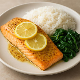 Entree: France – Baked Dijon-Lemon Salmon with Jasmine Rice and Wilted Spinach recipe