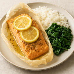 Entree: Steamed Lemon-Dijon Salmon Parcels with Jasmine Rice and Spinach recipe