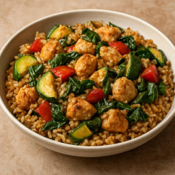 Entree: Turkey – Turkish-Style Tavuklu Pilav (Brown Rice) with Zucchini, Bell Pepper & Spinach (Chicken Pilaf with Brown Rice) recipe