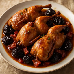 Entree: France – Cailles aux Pruneaux (Quail with prunes and bacon) recipe