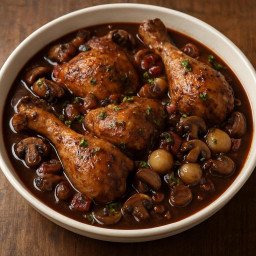 Entree: France – Burgundy – Coq au Vin (Chicken braised in wine) recipe