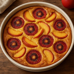 Dessert: France – Limousin – Clafoutis aux nectarines et kiwi rouge (Nectarine and red kiwi clafoutis — a baked French custard-like dessert with fruit) recipe