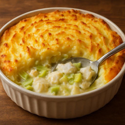 Entree: United Kingdom – Sole and Leek Fish Pie (Baked fish pie with sole, leeks, and creamy mashed potato topping) recipe