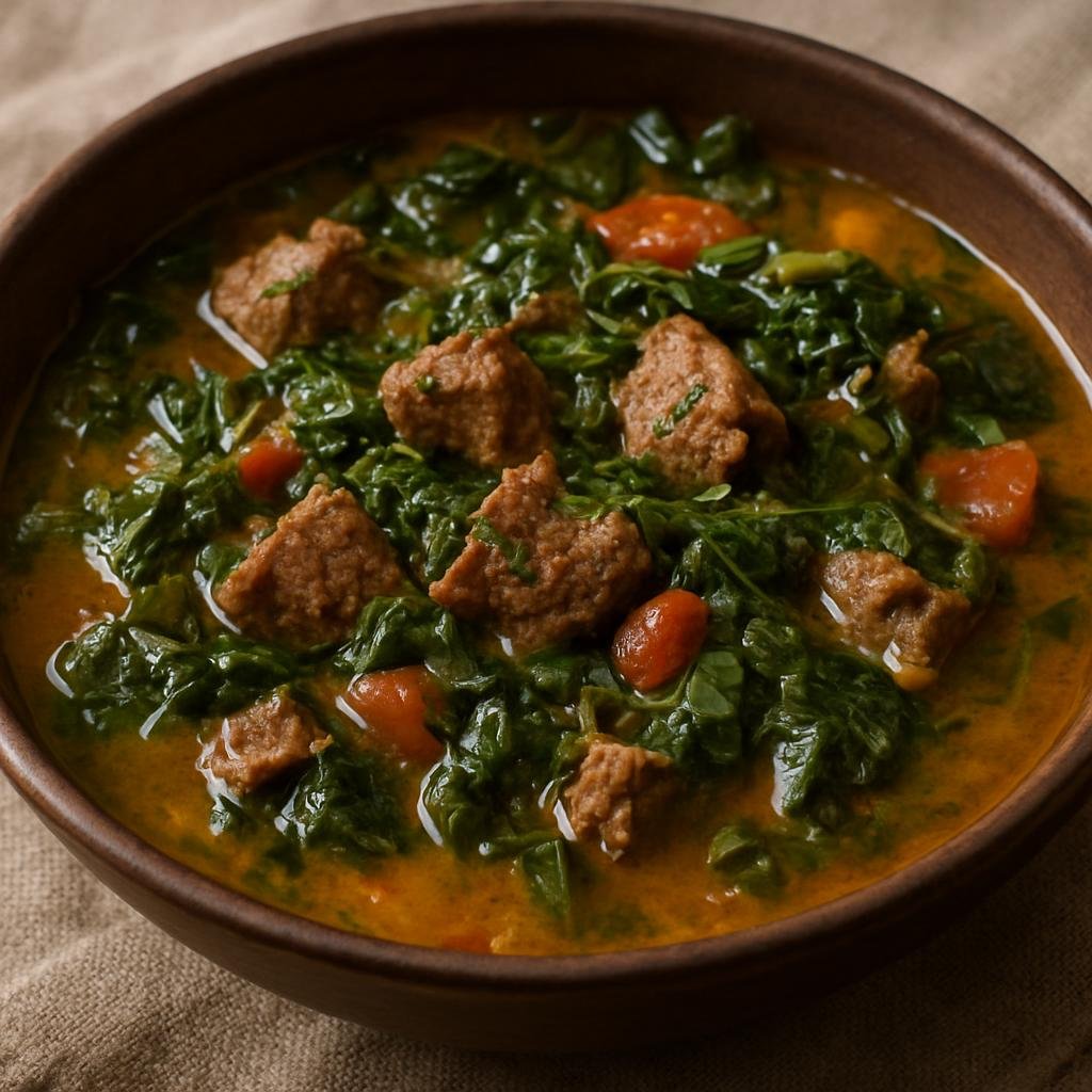 Entree: Madagascar – Southern Culinary Region – Romazava (Traditional Malagasy beef and leafy-green stew simmered with tomatoes, ginger, and aromatic herbs) recipe