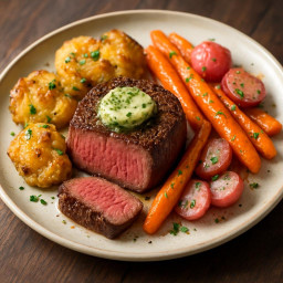 Entree: France – Oven-Roasted Filet Mignon with Herb Butter, Smashed Yukon Golds, and Glazed Carrots & Radishes (Roasted filet mignon with herb butter, smashed Yukon Gold potatoes and glazed carrots and radishes) recipe