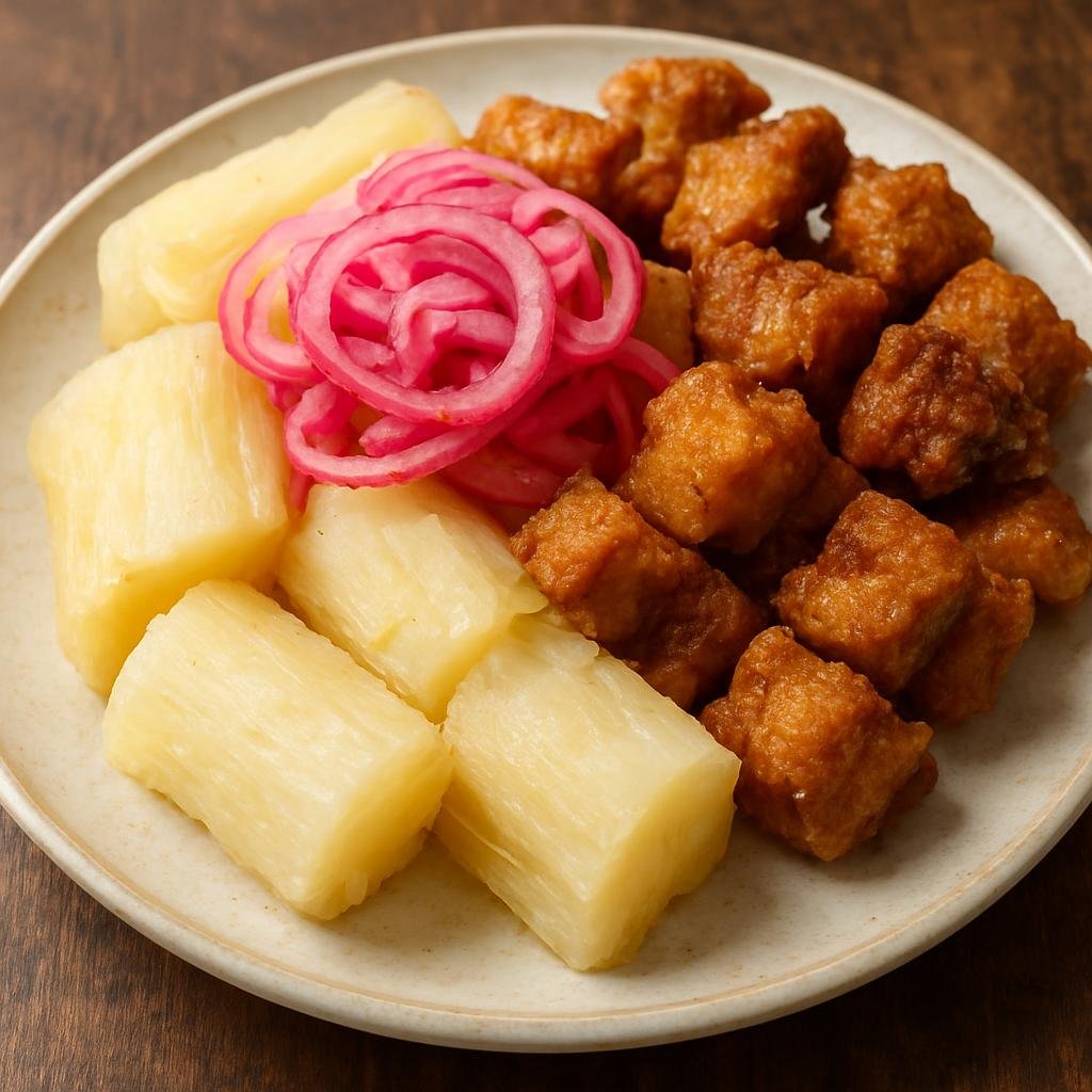 Entree: El Salvador – Northern Culinary Region – Yuca con Chicharrón (Boiled cassava served with crisp fried pork cracklings and tangy pickled red onions) recipe