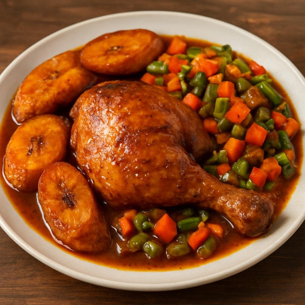 Entree: Cameroon – Northern Culinary Region – Poulet DG (Chicken braised with ripe plantains and mixed vegetables) recipe