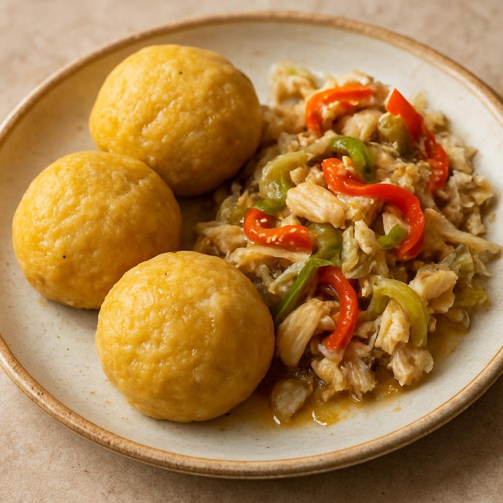 Entree: Antigua and Barbuda – Northern Culinary Region – Ducana and Saltfish (Sweet grated coconut and sweet potato dumplings paired with salted codfish prepared with peppers and onions) recipe