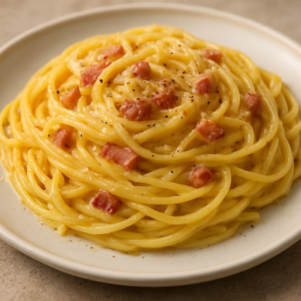 Entree: Italy – Lazio (Rome) – Spaghetti alla carbonara (Pasta with eggs, Pecorino cheese, guanciale, and black pepper) recipe