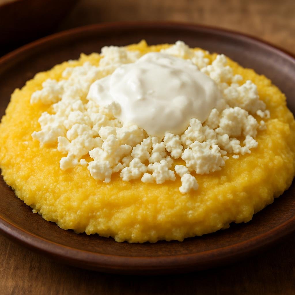 Entree: Moldova – Mămăligă cu brânză și smântână (Polenta with cheese and sour cream) recipe