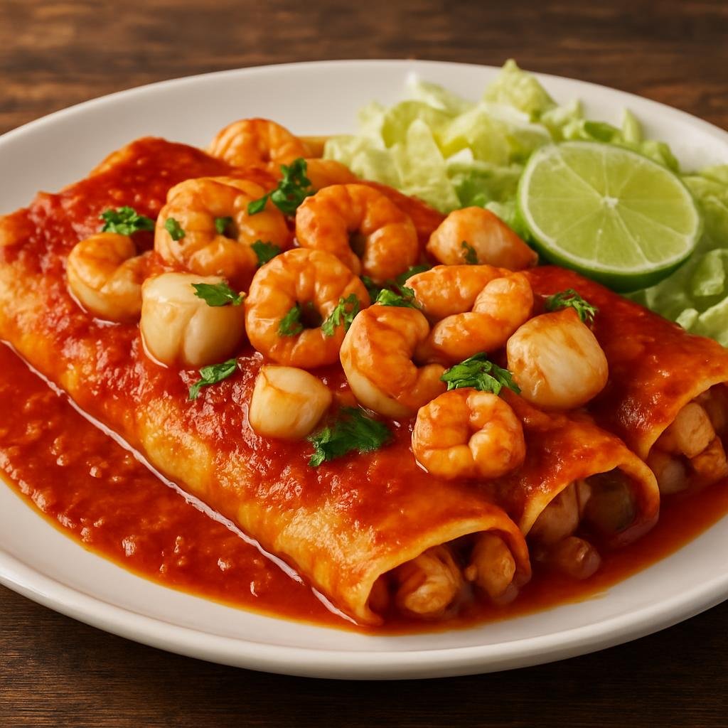Entree: Mexico – Baja California – Enchiladas de mariscos (Seafood enchiladas) recipe