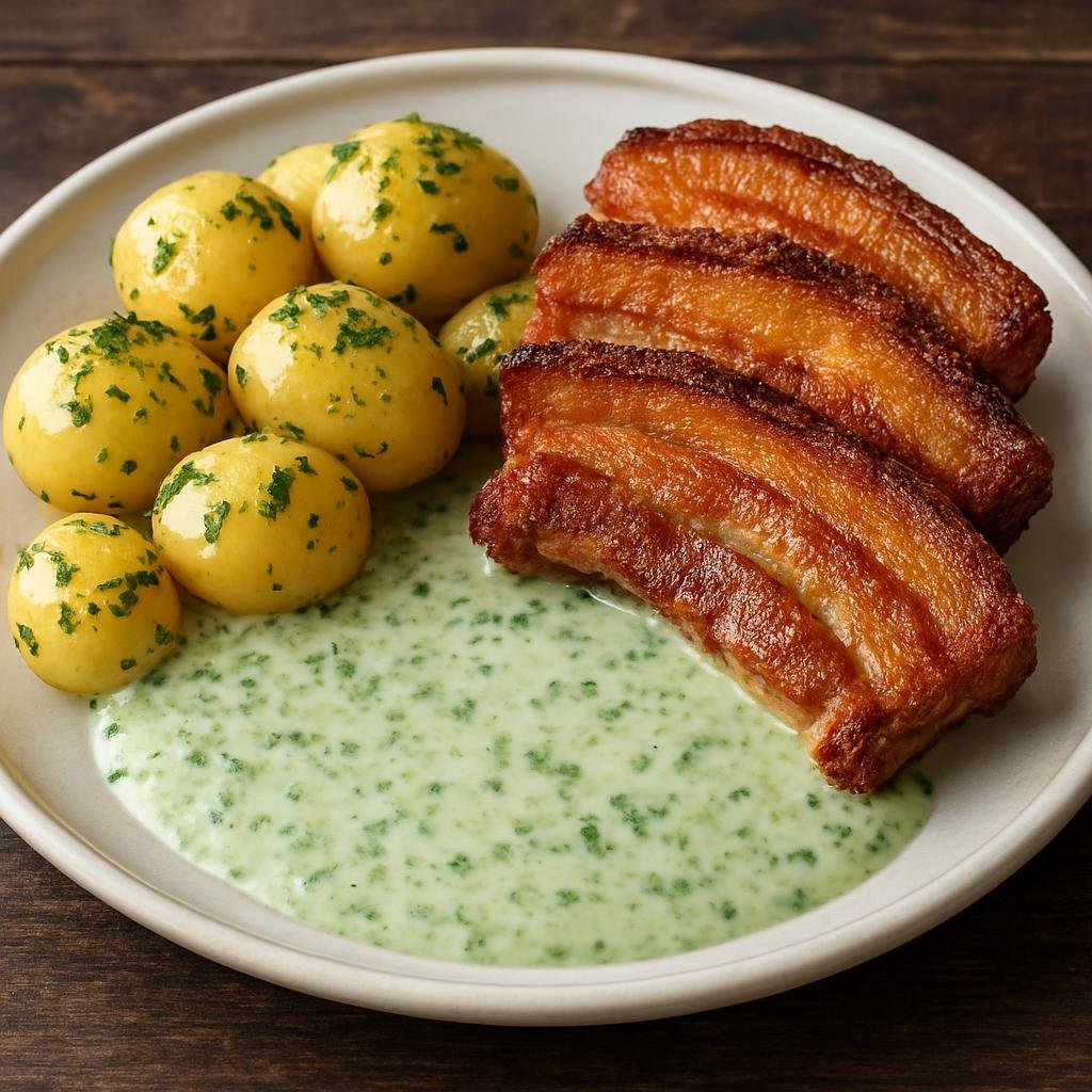 Entree: Denmark – Bornholm – Stegt flæsk med persillesovs (Fried pork with parsley sauce) recipe