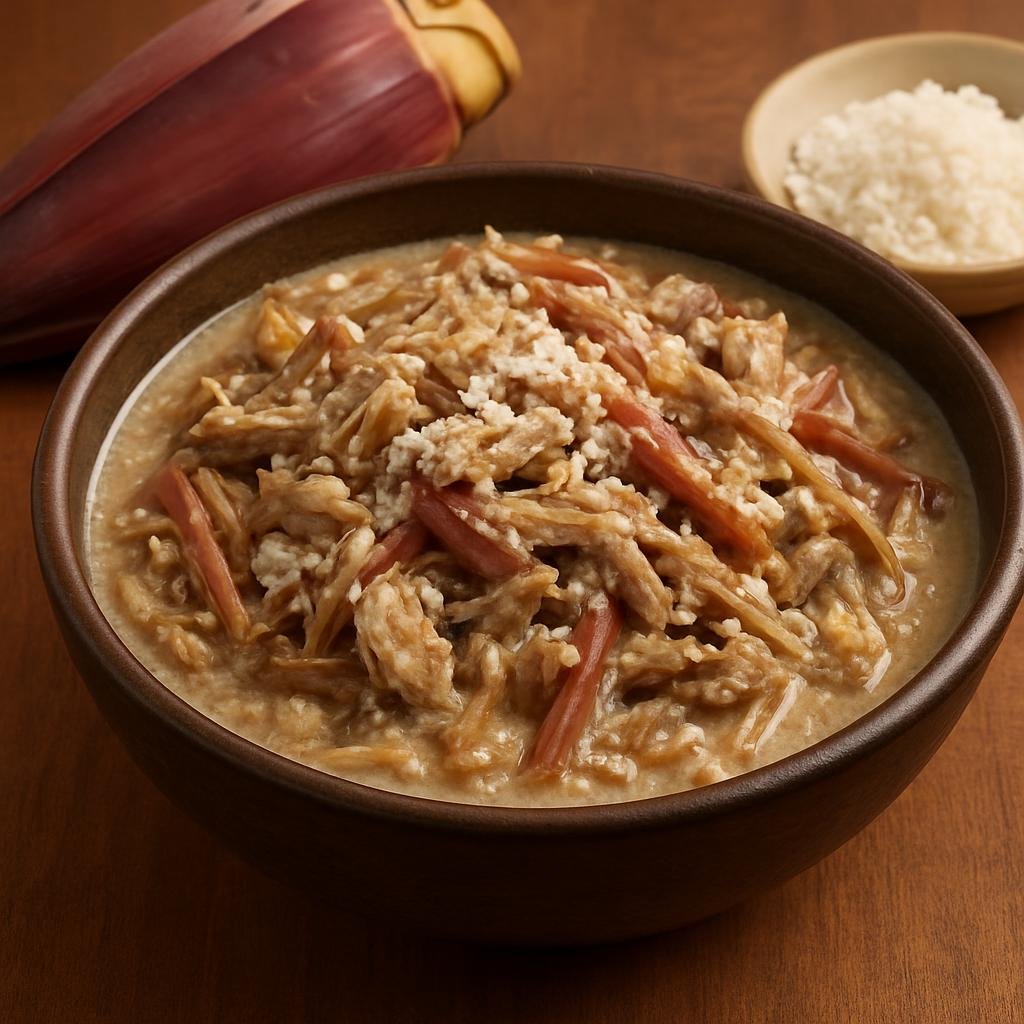 Entree: Kiribati – National Cuisine – Te Bua Toro ni Banaba (Banana blossom with coconut and fish) recipe