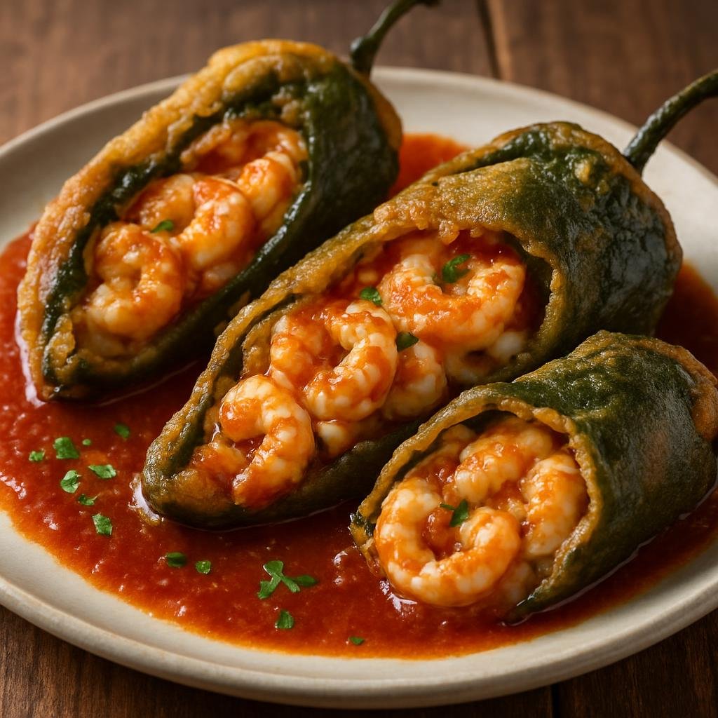 Entree: Mexico – Baja California – Chiles rellenos de camarón (Shrimp-stuffed chiles) recipe
