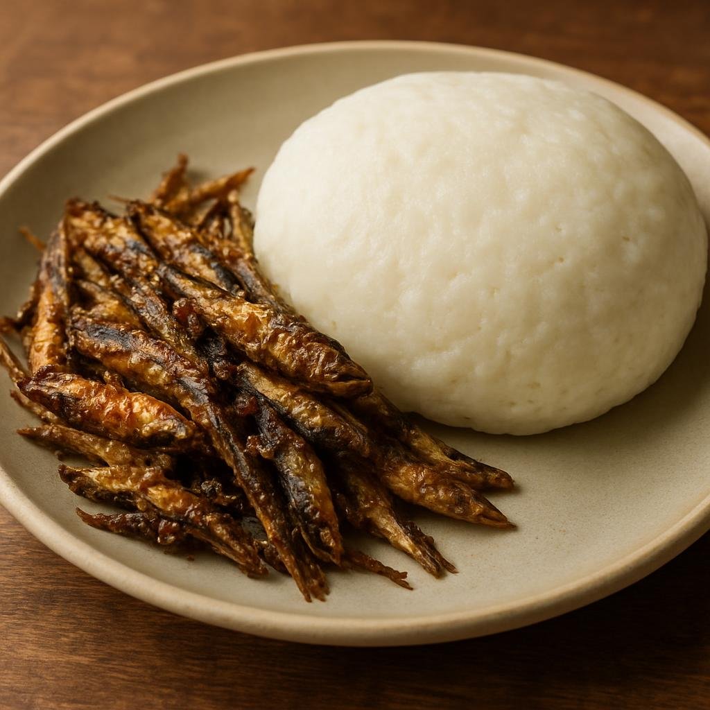 Entree: Malawi – Usipa ndi Nsima (Dried small fish served with nsima, a maize porridge) recipe