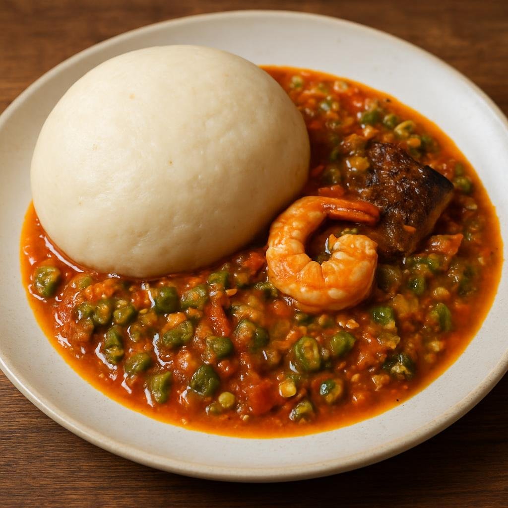 Entree: Ghana – Ewe Volta Cuisine – Banku with Okro Stew (Fermented corn and cassava dough cooked into firm balls served with a tomato-based okra stew often including fish or shrimp) recipe