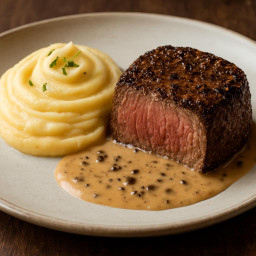 Entree: France – Filet Mignon au Poivre with Milk-Enhanced Yukon Gold Purée (Pepper-crusted filet mignon with a creamy Yukon Gold potato purée) recipe
