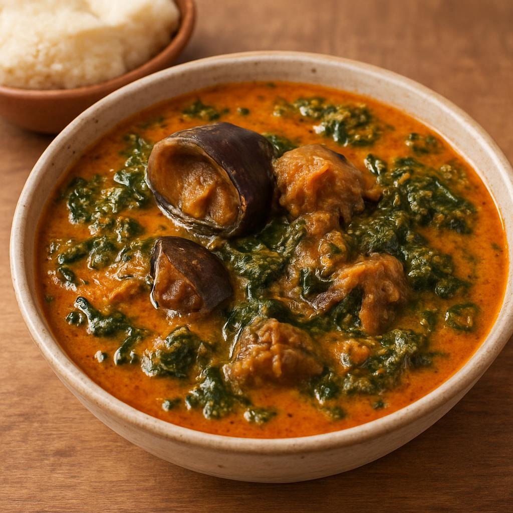 Entree: Nigeria – Calabar / Efik-Ibibio – Atama Soup (Palm-oil soup with atama leaves and mixed proteins) recipe